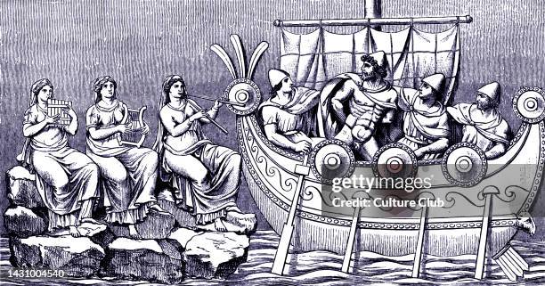 Ulysses on board a boat passes the sirens and their seductive song. Based on Homer 's ancient Greek myth. From relief on marble sarcophagus in Museum...