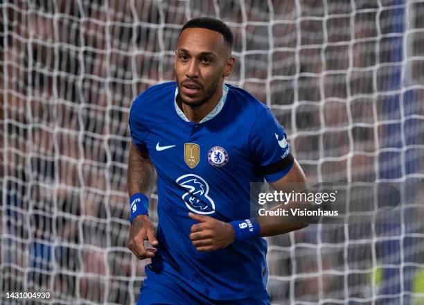 Pierre-Emerick Aubameyang celebrates scoring Chelsea's second goal during the UEFA Champions League group E match between Chelsea FC and AC Milan at...