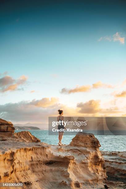 woman standing on a cliff overlooking spectacular sunset - epic rock stock pictures, royalty-free photos & images