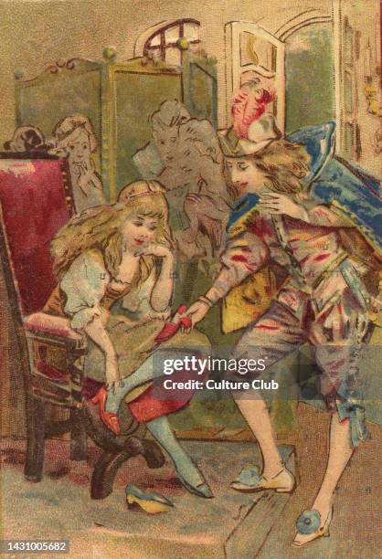 Cinderella by the Grimm brothers. Prince Charming asks Cinderella to try on the shoe she lost at the ball.