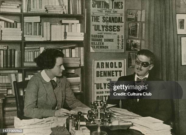 Sylvia Beach, publisher of 'Ulysses' and its author James Joyce in Paris.
