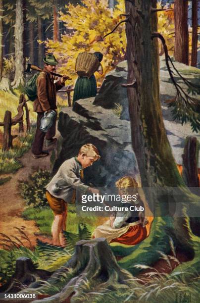 Hänsel und Gretel' -German fairy tale by the Brothers Grimm. No. 2. Hansel and Gretel 's parents leave them in the woods. Illustration by German...