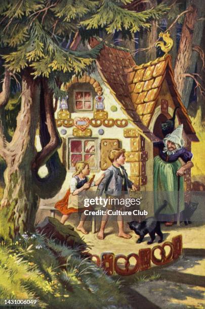 Hänsel und Gretel' -German fairy tale by the Brothers Grimm. No. 3 the witch lures Hansel and Gretel into her gingerbread home. Illustration by...