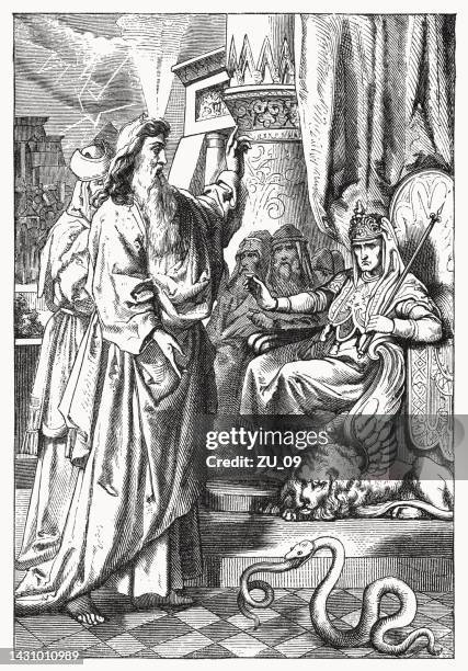 moses and aaron appear before pharaoh, wood engraving, published 1894 - throne stock illustrations