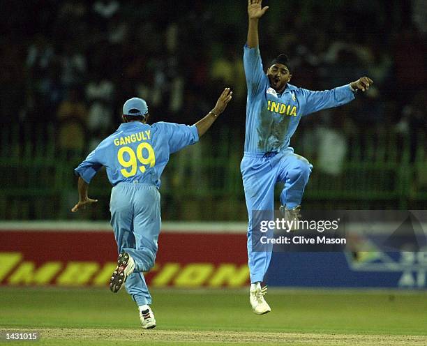 Harbahjan Singh of India celebrates dismissing Jonty Rhodes of South Africa during the ICC Champions Trophy semi final match between India and South...