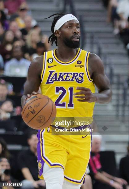 Patrick Beverley of the Los Angeles Lakers brings the ball up the court against the Phoenix Suns in the second quarter of their preseason game at...