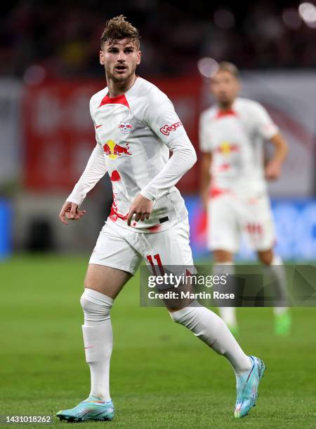 Timo Werner of RB Leipzig looks on during the UEFA Champions League group F match between RB Leipzig and Celtic FC at Red Bull Arena on October 05,...