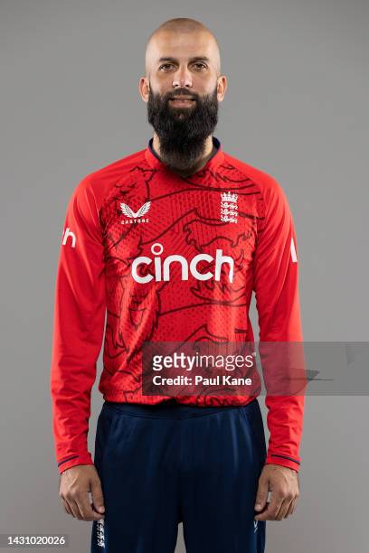 Moeen Ali poses during the England T20 team headshots session at Optus Stadium on October 06, 2022 in Perth, Australia.