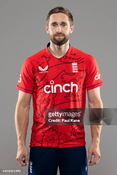 Chris Woakes poses during the England T20 team headshots session at Optus Stadium on October 06, 2022 in Perth, Australia.