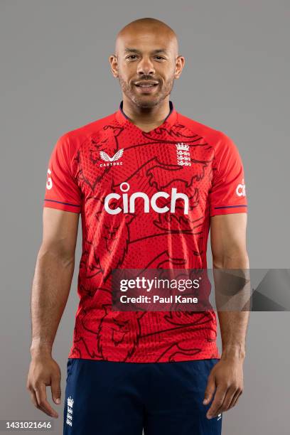 Tymal Mills poses during the England T20 team headshots session at Optus Stadium on October 06, 2022 in Perth, Australia.