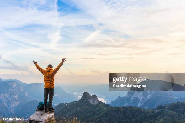 happy hiker with raised arms on top of the mountain - liberdade imagens e fotografias de stock