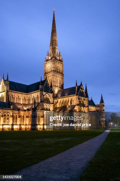 vertical, night, salisbury cathedral, salisbury, wiltshire, england - spire stock pictures, royalty-free photos & images