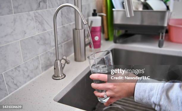 Glass of water from the reverse osmosis water filtration system inside a home in Lynbrook, New York on March 12, 2020.
