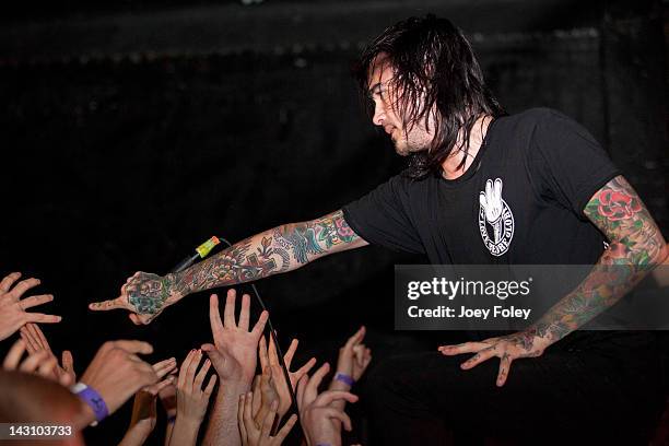 Chris Roetter of Like Moths To Flames performs live at The Emerson Theater on April 18, 2012 in Indianapolis, Indiana.