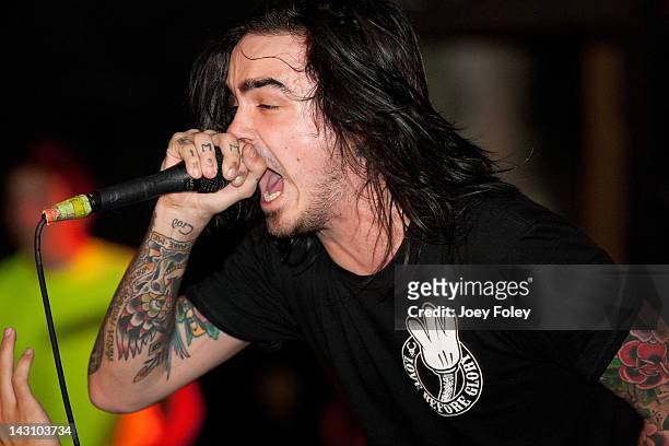 Vocalist Chris Roetter of Like Moths To Flames performs live at The Emerson Theater on April 18, 2012 in Indianapolis, Indiana.