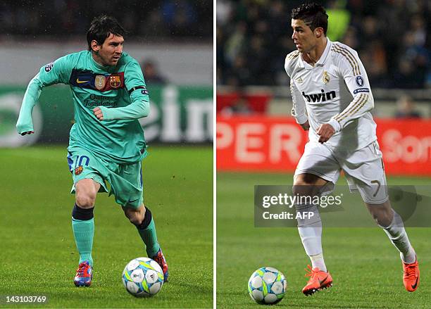 This combo picture made on April 19, 2012 shows Barcelona's Argentinian forward Lionel Messi running with the ball during the UEFA Champions League...