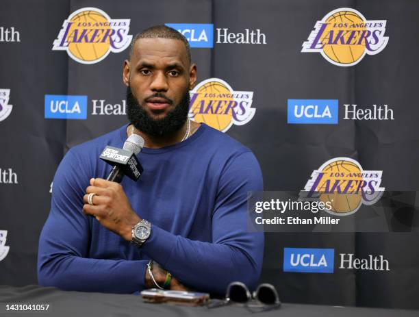 LeBron James of the Los Angeles Lakers speaks during a news conference after a preseason game against the Phoenix Suns at T-Mobile Arena on October...