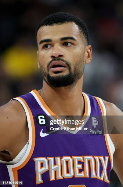 Timothe Luwawu-Cabarrot of the Phoenix Suns stands on the court during a break in the third quarter of a preseason game against the Los Angeles...