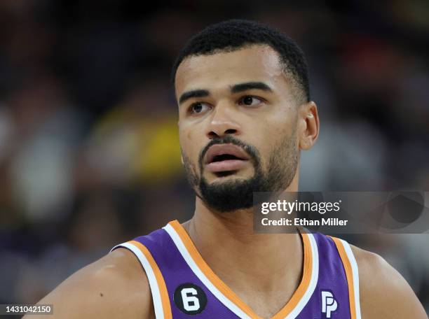 Timothe Luwawu-Cabarrot of the Phoenix Suns stands on the court during a break in the third quarter of a preseason game against the Los Angeles...