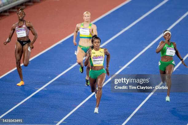 Elaine Thompson-Herah of Jamaica wins the gold medal in the Women's 200m Final with Favour Ofili of Nigeria winning the silver medal during the...
