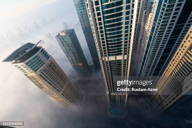 An Aerial View of the Dubai Skyline during Foggy Morning taken on in Dubai, United Arab Emirates