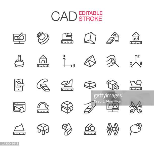 3d modeling cad icons set editable stroke - cad screen stock illustrations
