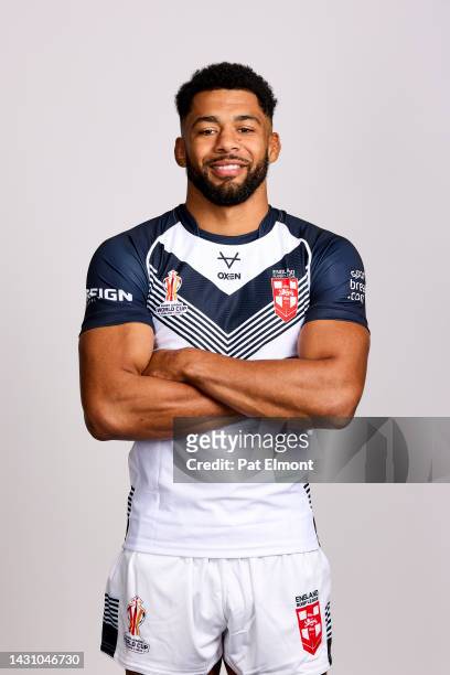 Kallum Watkins of England poses for a photo during the England Rugby League World Cup Portrait session on October 05, 2022 in Bury, England.