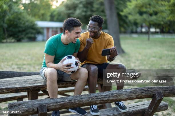 watching the soccer game outdoors using phone - championships day two bildbanksfoton och bilder