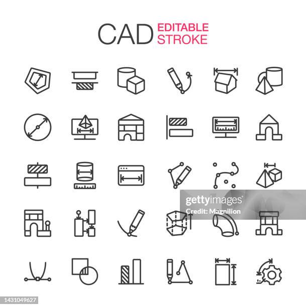 stockillustraties, clipart, cartoons en iconen met 3d modeling cad icons set editable stroke - model to scale