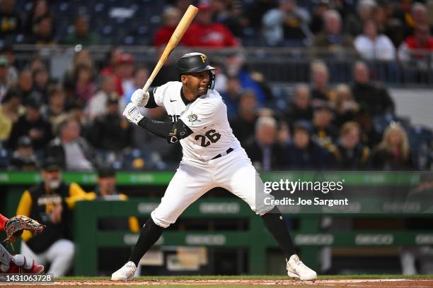 Miguel Andujar of the Pittsburgh Pirates in action during the game against the St. Louis Cardinals at PNC Park on October 3, 2022 in Pittsburgh,...