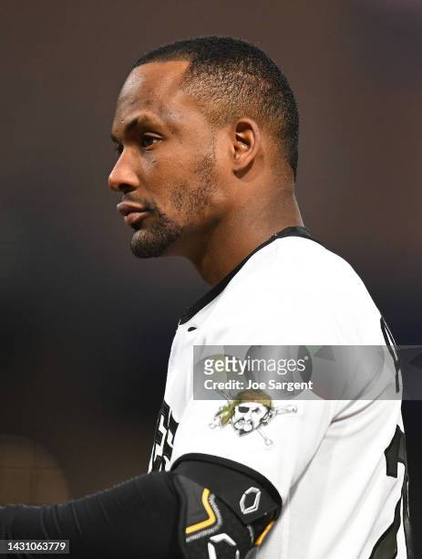 Miguel Andujar of the Pittsburgh Pirates in action during the game against the St. Louis Cardinals at PNC Park on October 3, 2022 in Pittsburgh,...