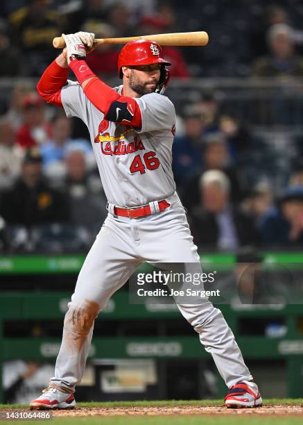 Paul Goldschmidt of the St. Louis Cardinals in action during the game against the Pittsburgh Pirates at PNC Park on October 3, 2022 in Pittsburgh,...