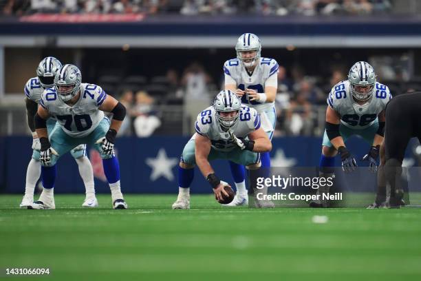 Tyler Biadasz of the Dallas Cowboys gets set against the Washington Commanders at AT&T Stadium on October 2, 2022 in Arlington, Texas.