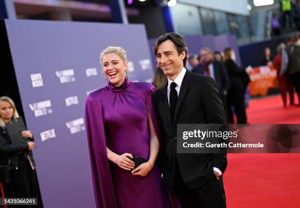 Greta Gerwig and Noah Baumbach attend the "White Noise" UK premiere during the 66th BFI London Film Festival at The Royal Festival Hall on October...