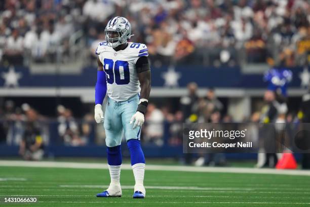 DeMarcus Lawrence of the Dallas Cowboys gets set against the Washington Commanders at AT&T Stadium on October 2, 2022 in Arlington, Texas.
