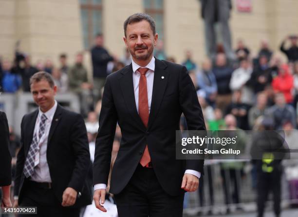 Slovak Prime Minister Eduard Heger arrives for the inaugural meeting of the European Political Community at Prague Castle on October 06, 2022 in...