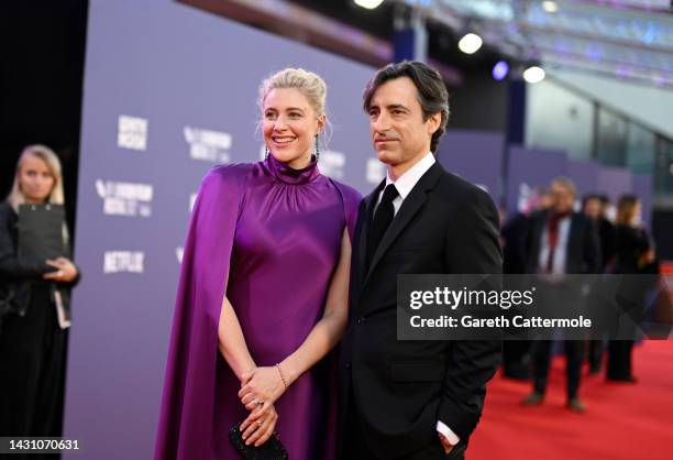 Greta Gerwig and Noah Baumbach attend the "White Noise" UK premiere during the 66th BFI London Film Festival at The Royal Festival Hall on October...