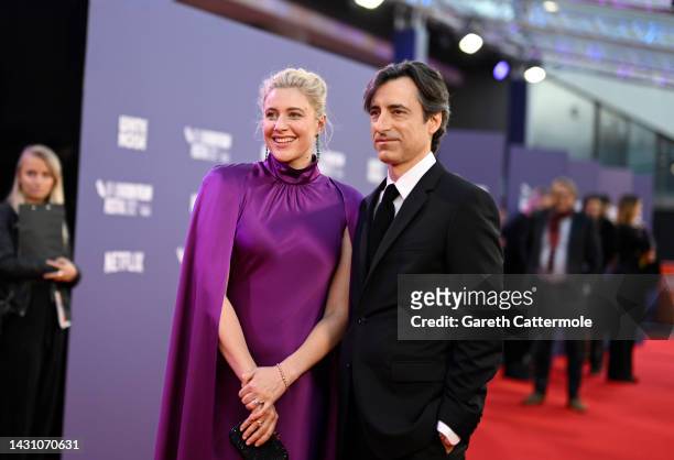 Greta Gerwig and Noah Baumbach attend the "White Noise" UK premiere during the 66th BFI London Film Festival at The Royal Festival Hall on October...