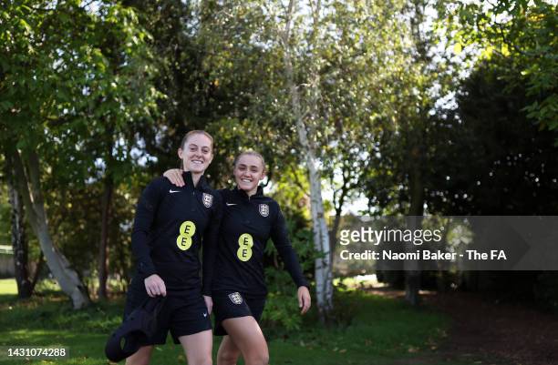 Georgia Stanway and Keira Walsh of England interact during England October Internationals Camp at The Lensbury on October 06, 2022 in Teddington,...