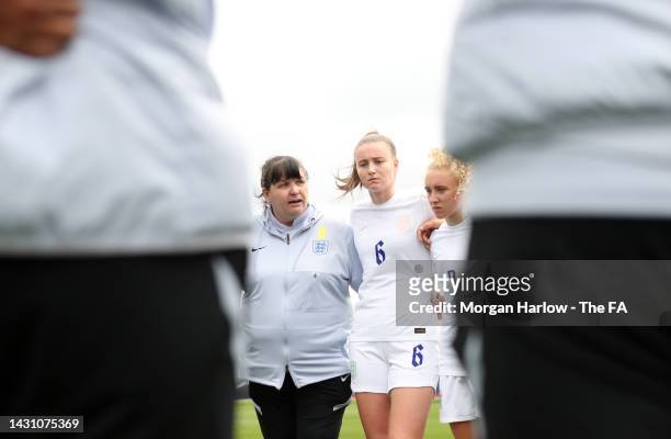 Mo Marley, Head Coach of England U23 speaks to their side in the huddle following the U23 International Friendly match between England U23 and Norway...