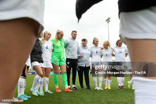 Mo Marley, Head Coach of England U23 speaks to their side in the huddle following the U23 International Friendly match between England U23 and Norway...