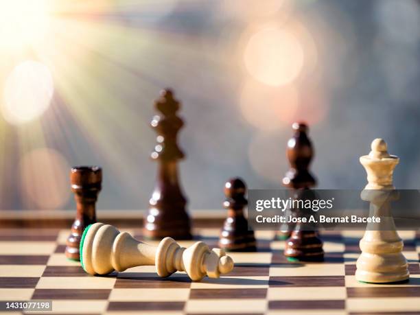 chess board with a completed game illuminated by sunlight. - chess piece stock pictures, royalty-free photos & images