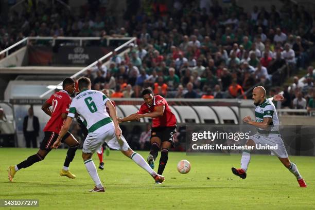 Anthony Martial of Manchester United scores their team's second goal during the UEFA Europa League group E match between Omonia Nikosia and...