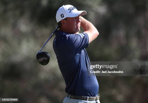 Tom Hoge plays his shot from the 13th tee during the first round of the Shriners Children's Open at TPC Summerlin on October 06, 2022 in Las Vegas,...