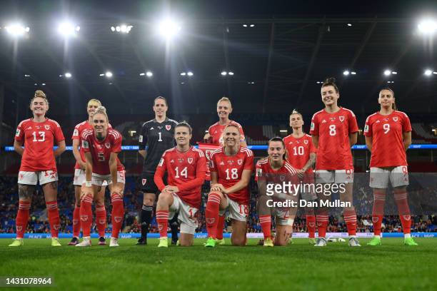 Players of Wales pose for a team photograph prior to kick off of the 2023 FIFA Women's World Cup play-off round 1 match between Wales and Bosnia and...