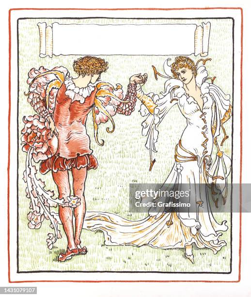 bildbanksillustrationer, clip art samt tecknat material och ikoner med medieval couple dancing art nouveau design book illustration 1899 - dansa ceremoniell dans