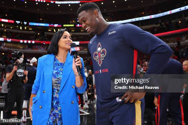 Reporter Stephanie Ready interviews Zion Williamson of the New Orleans Pelicans after they defeated the Chicago Bulls in a preseason game at the...