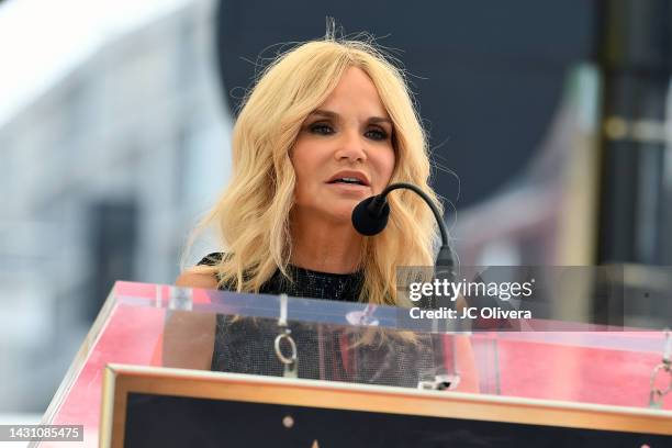 Kristin Chenoweth speaks onstage during The Hollywood Walk of Fame star ceremony honoring Sarah Brightman on October 06, 2022 in Hollywood,...