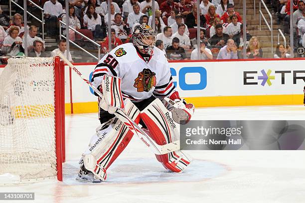 Goaltender Corey Crawford of the Chicago Blackhawks gets ready to make a save against the Phoenix Coyotes in Game One of the Western Conference...