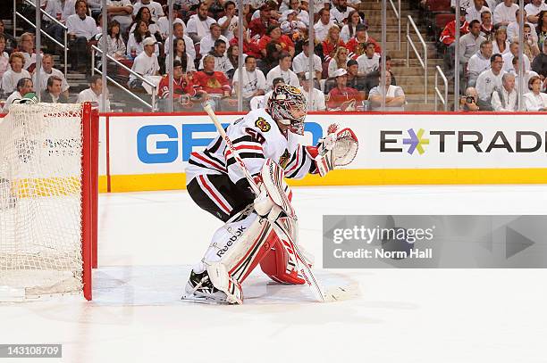 Goaltender Corey Crawford of the Chicago Blackhawks gets ready to make a save against the Phoenix Coyotes in Game One of the Western Conference...